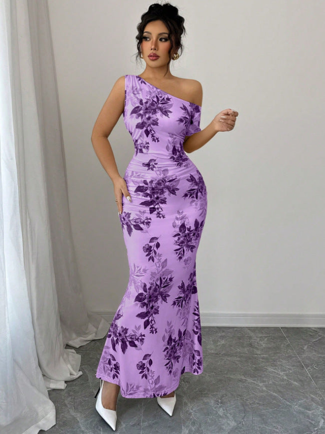 Printed Shoulder High Waist Sheath Dress Slimming Dress