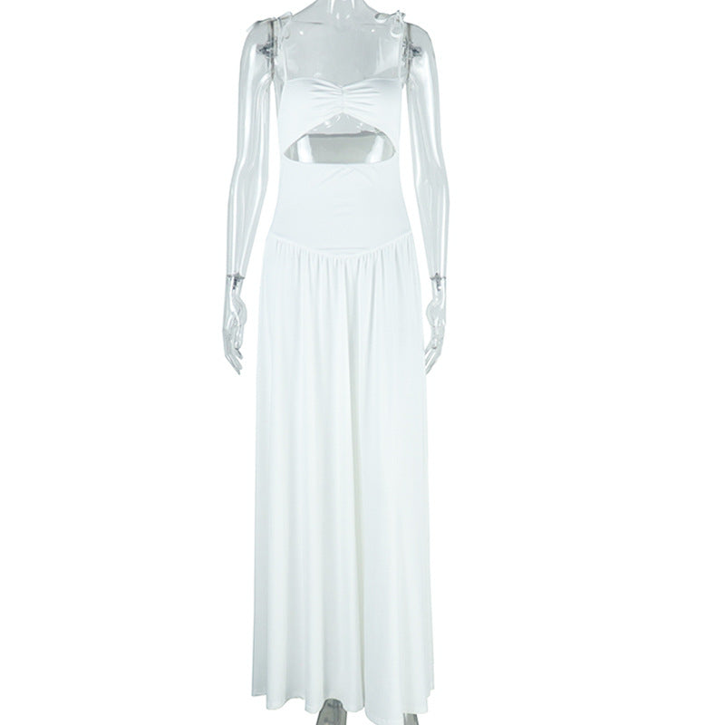 Women Clothing Solid Color Dress off the Shoulder Strap Sleeveless Large Dress