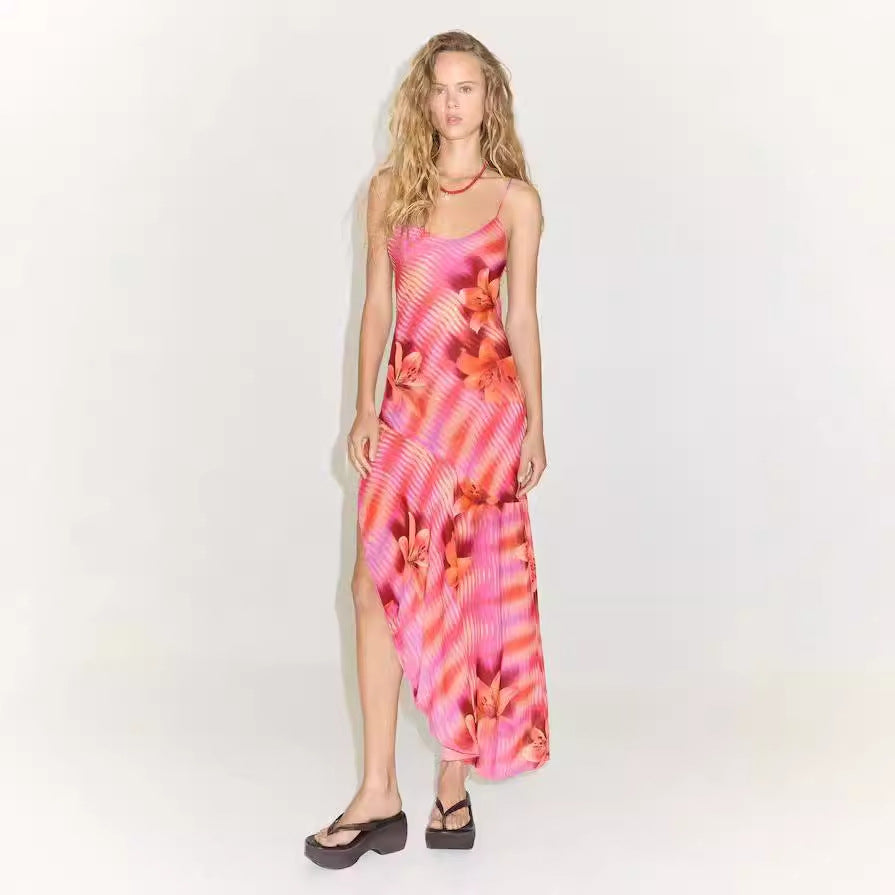 Backless Bandage Slit Printing Dress Women Clothing Printing Slip Dress