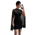 Turtleneck Dress Women Black Rhinestone Sequined Slim Fit Short Sleeve Mesh Stitching Inner Wear Dress