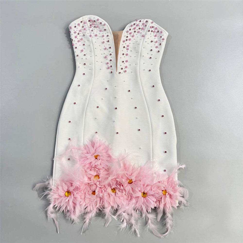 Tube Top Beads Rhinestones Bandage One Piece Dress Pink Feather Ladies Party Cocktail Evening Dress