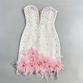 Tube Top Beads Rhinestones Bandage One Piece Dress Pink Feather Ladies Party Cocktail Evening Dress