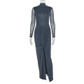 Slim Women Split Solid Color Hip Turtleneck Grenadine Sheer Long Sleeve Dress