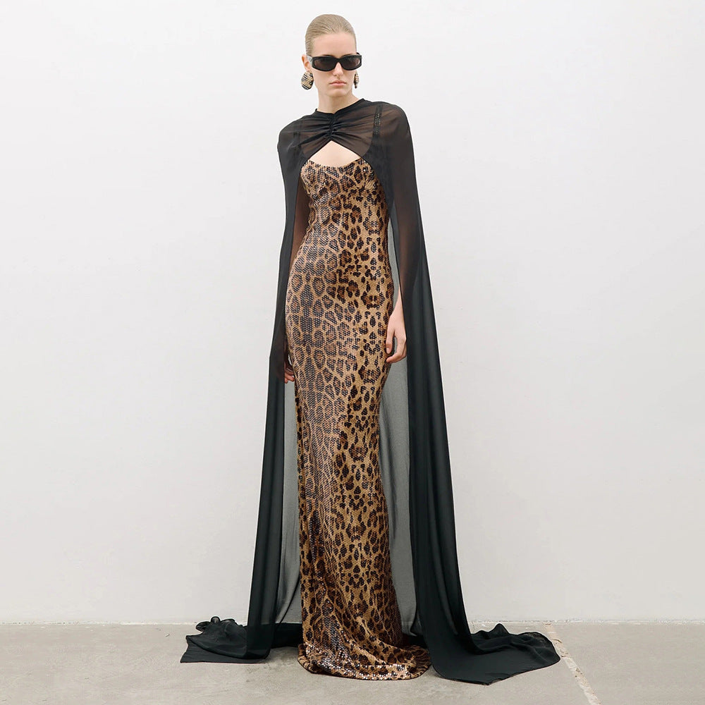 Elegant Sexy Leopard Print Sequin Cami Dress Dress Black Chiffon Cloak Two Piece Maxi Dress