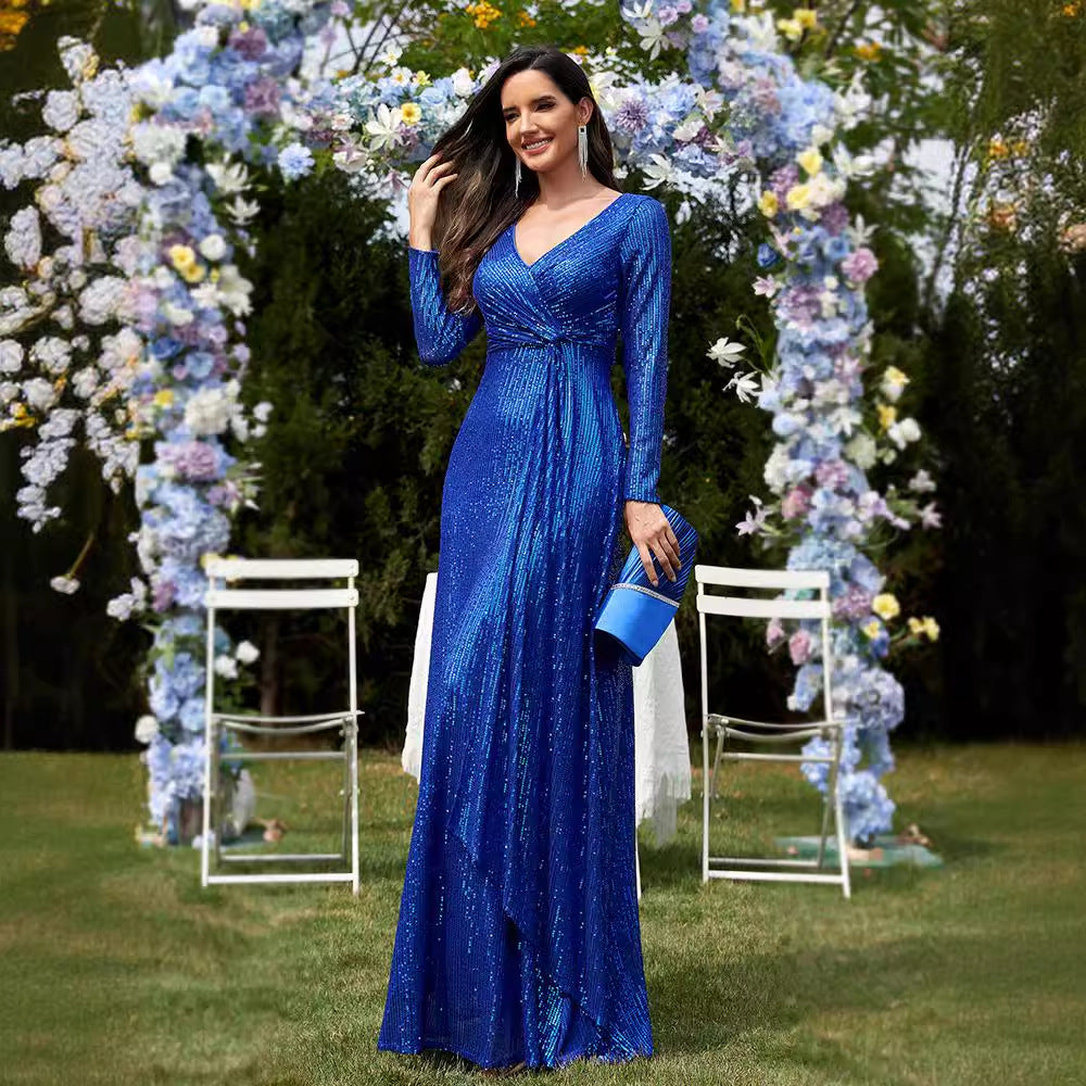 Multi Color Long Sleeve V neck Fishtail Cocktail Evening Dress Women