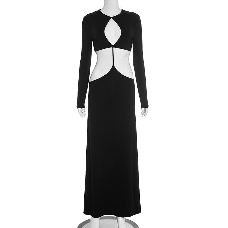 Women Clothing Autumn Solid Color Casual Slim Fit Long Sleeve Cropped Outfit Stitching Hollow Out Cutout out Maxi Dress