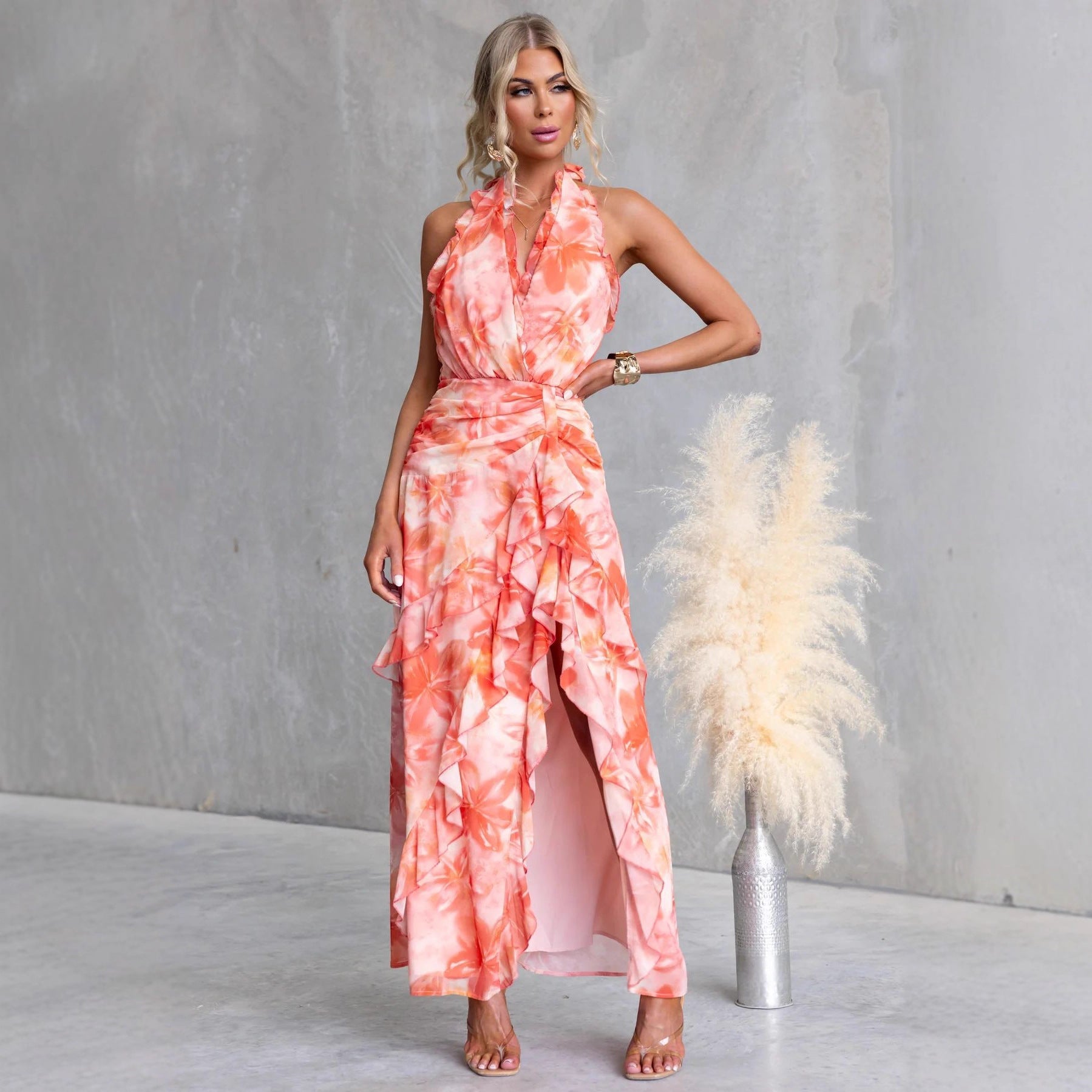 Printed Sexy V neck Backless Halter Fashionable Stringy Selvedge Dress