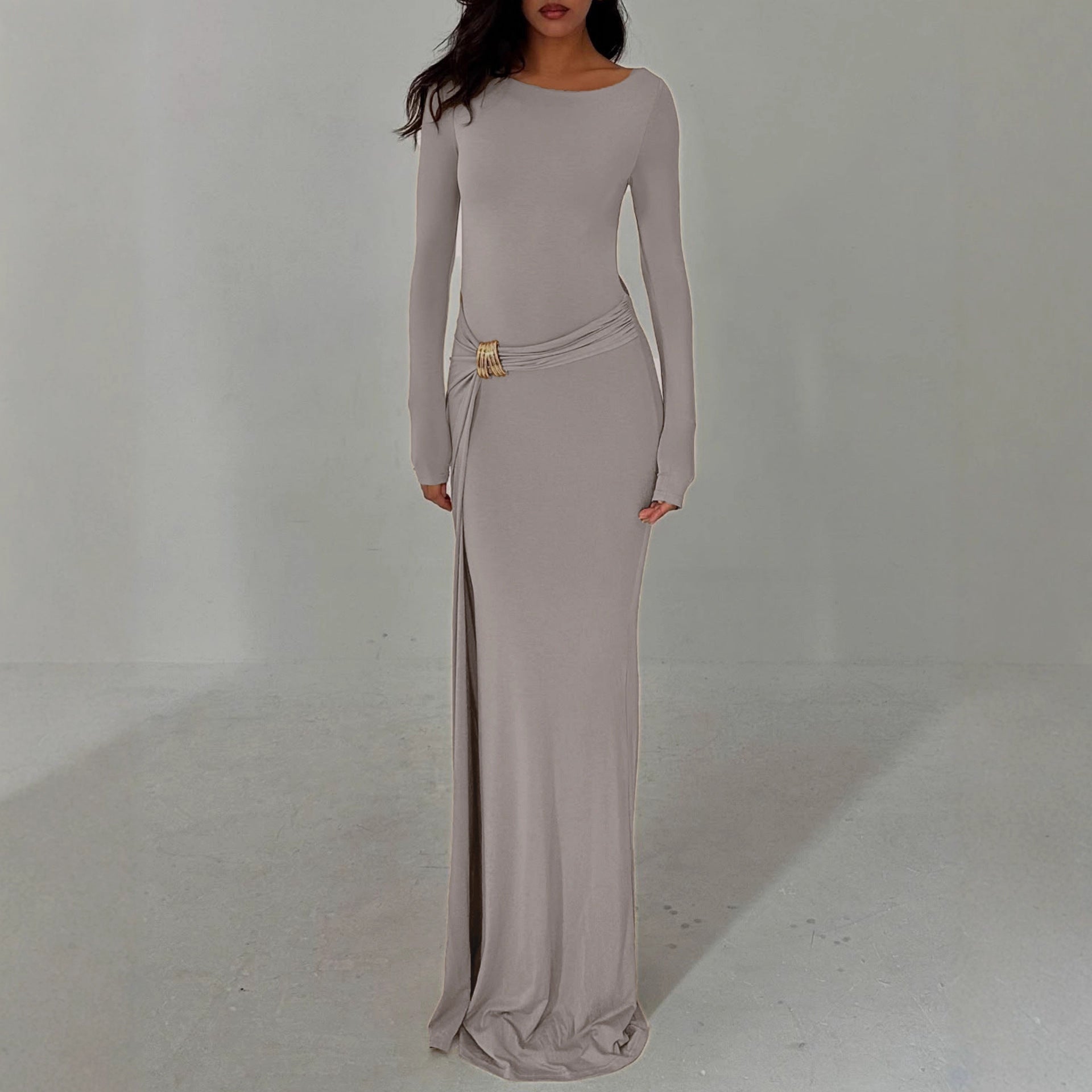 Women Maxi Dress Crew Neck Split Long Sleeve Autumn Dress