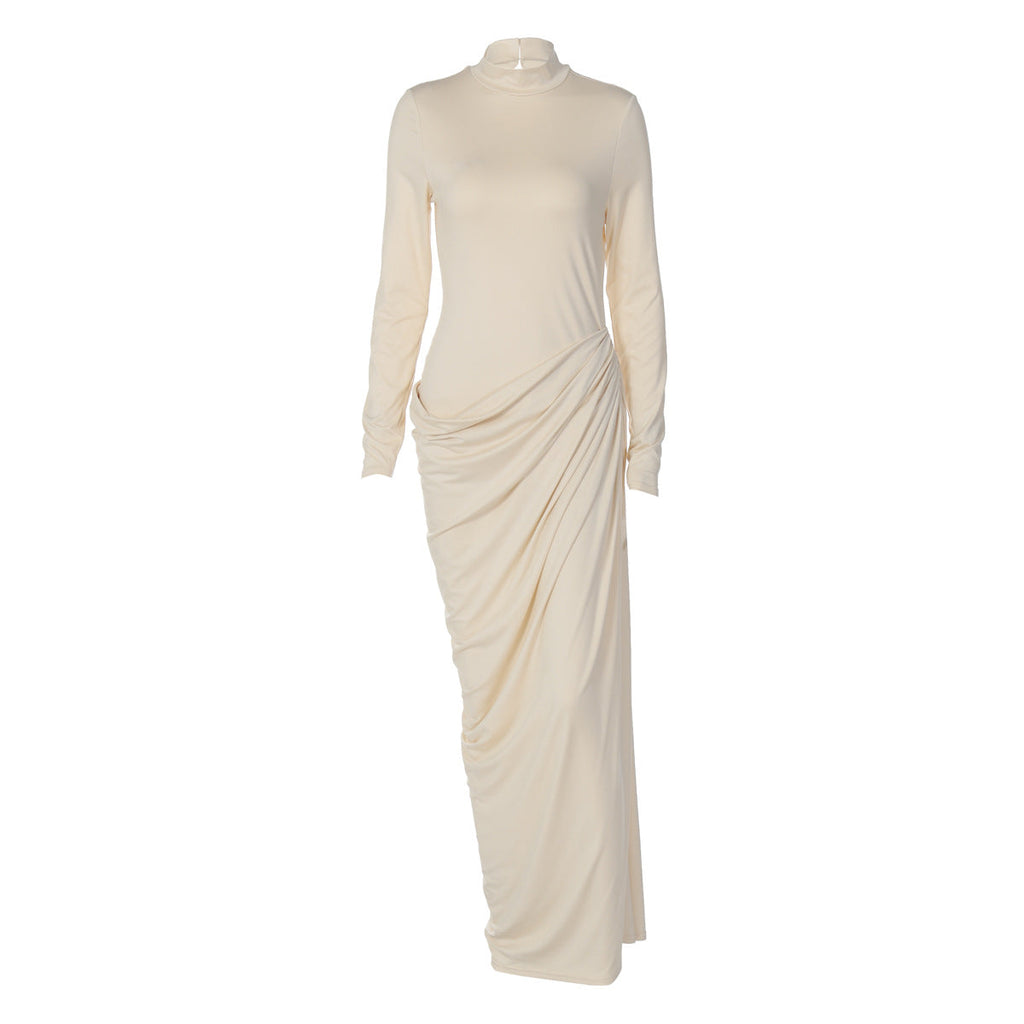 French Women Autumn Sexy Slim Fit Backless Button Solid Color Long Sleeve Dress