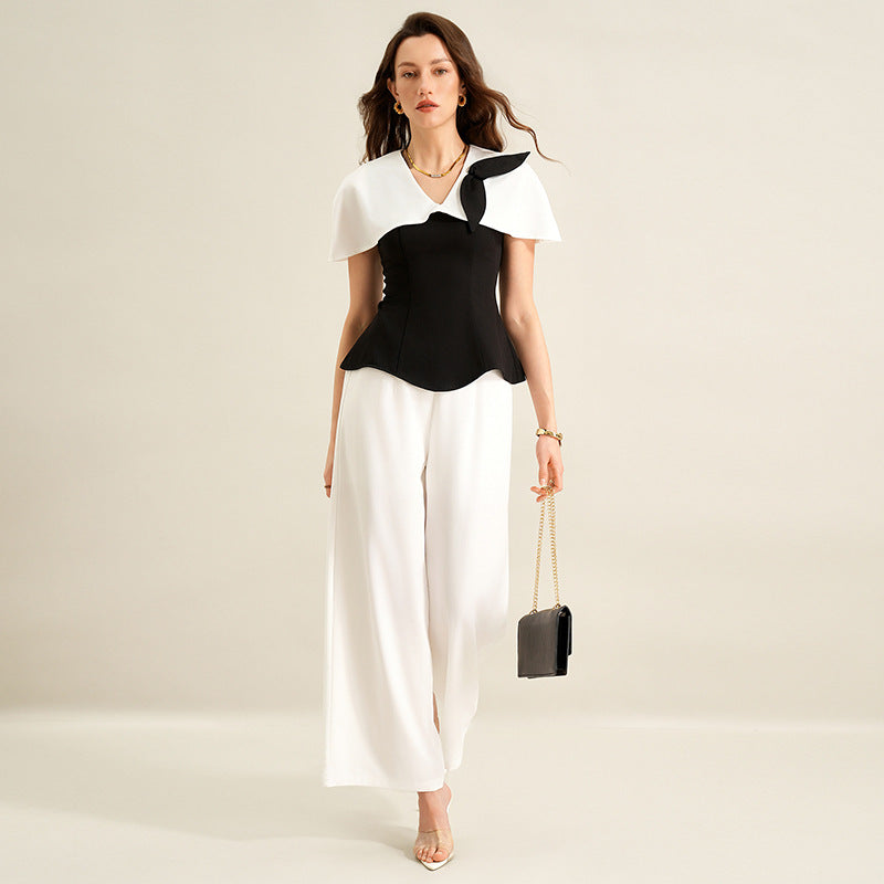 Shirt Long Twet Summer Elegant Office Black White Color Matching Women Clothing