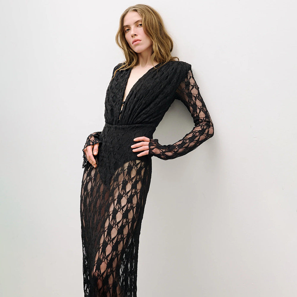 Autumn Winter French Lace Long Sleeve Lining Dress Women Clothing Dress Sexy Evening Dress Christmas
