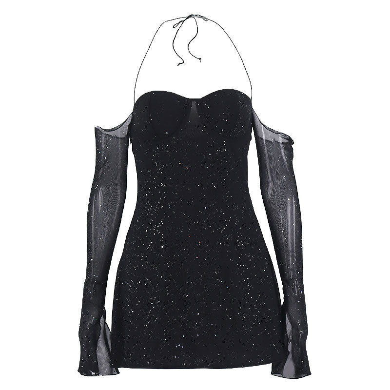 Mesh Long Sleeve Dress Sexy Steel Ring Halterneck off Shoulder Sequin Dress