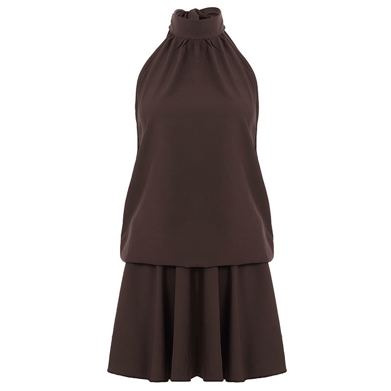 Retro Solid Color Elegant Stitching Pleated Backless Lace up Sexy Halter Dress
