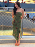 Summer Women Clothing Vacation Slimming Retro Printed Sexy Tube Top Split Double Layer Dress