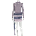 Gradient Women Clothing Slightly Transparent Slim Stand Collar Hip Dress Color Matching Long Sleeve Summer Short Dress