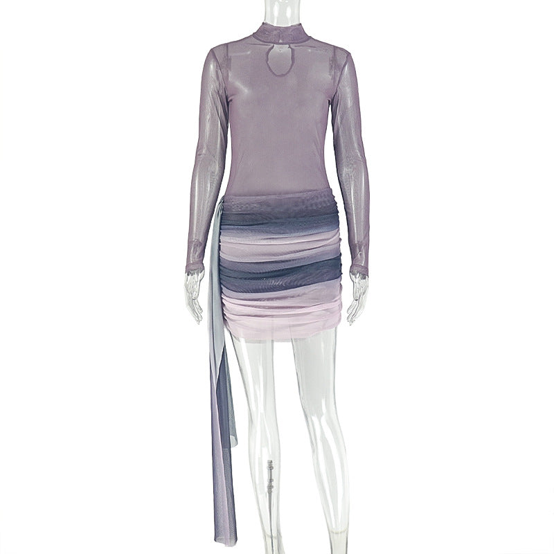 Gradient Women Clothing Slightly Transparent Slim Stand Collar Hip Dress Color Matching Long Sleeve Summer Short Dress