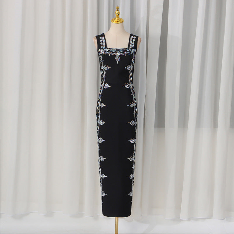 Spring Elegant Retro Geometric Abstract Pattern Decorative Heavy Work High Waist Strap Dress Women