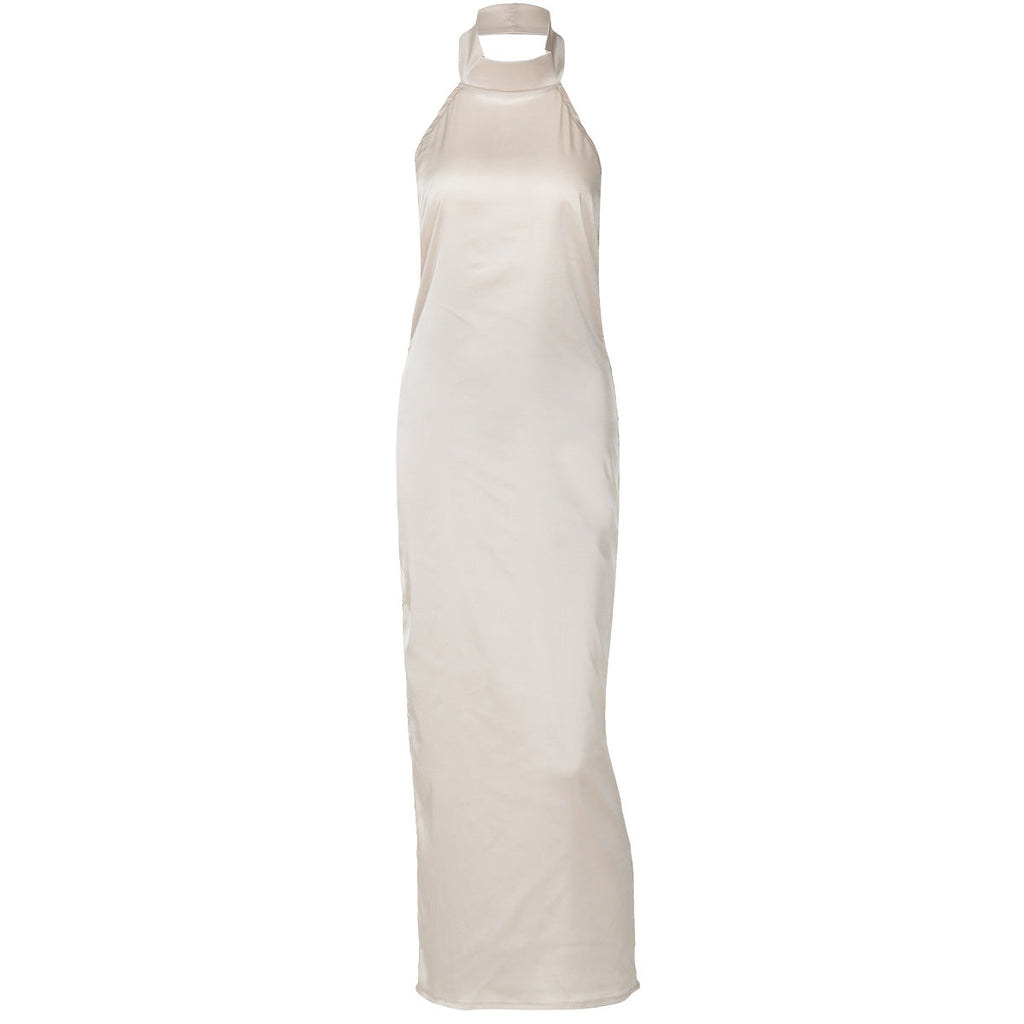 Summer Solid Color Sleeveless Halter Sexy Backless Satin Dress